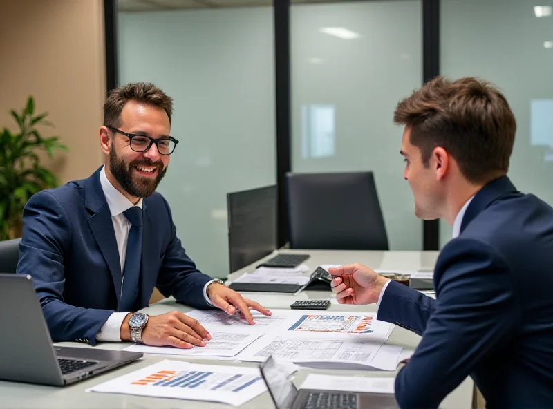 A professional financial advisor meeting with a client in a modern office setting. They are reviewing documents and discussing investment strategies with a friendly and collaborative demeanor.