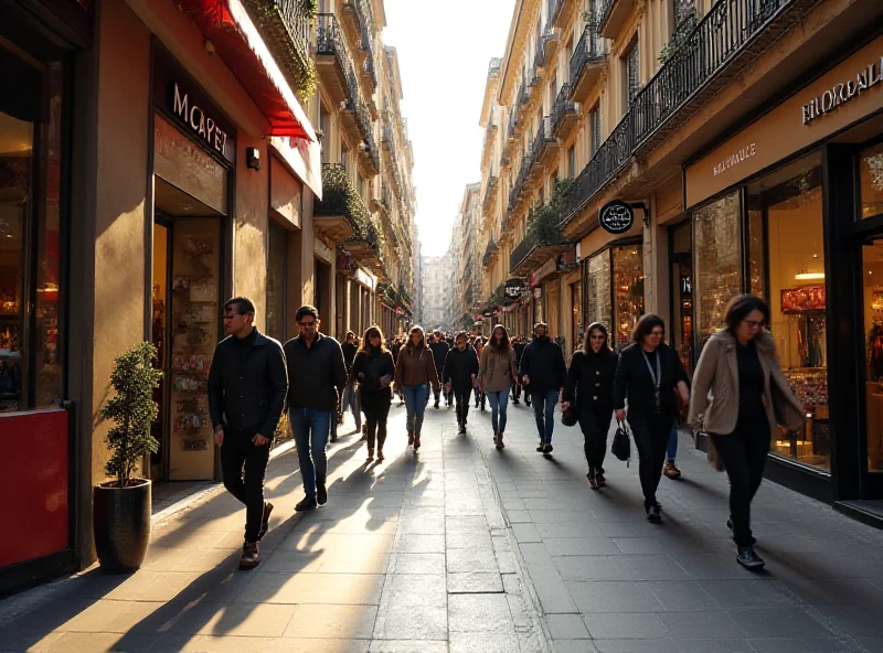 A bustling Spanish shopping street with pedestrians and vibrant storefronts, showcasing the resurgence of physical retail.