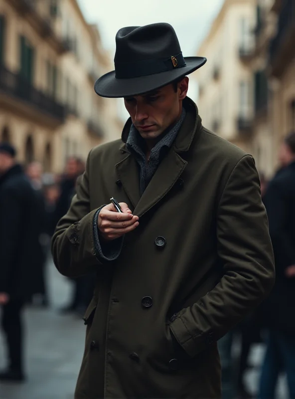 A private detective in a trench coat subtly taking notes in a busy Spanish street, representing the profession's role in investigating labor fraud.