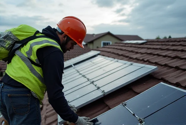 A close-up of a worker installing solar panels on a rooftop.