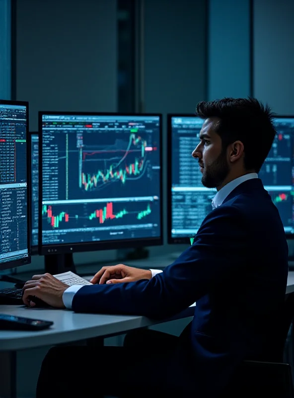 A person sitting at a desk with multiple monitors displaying stock market charts and data, indicating CFD trading activity.