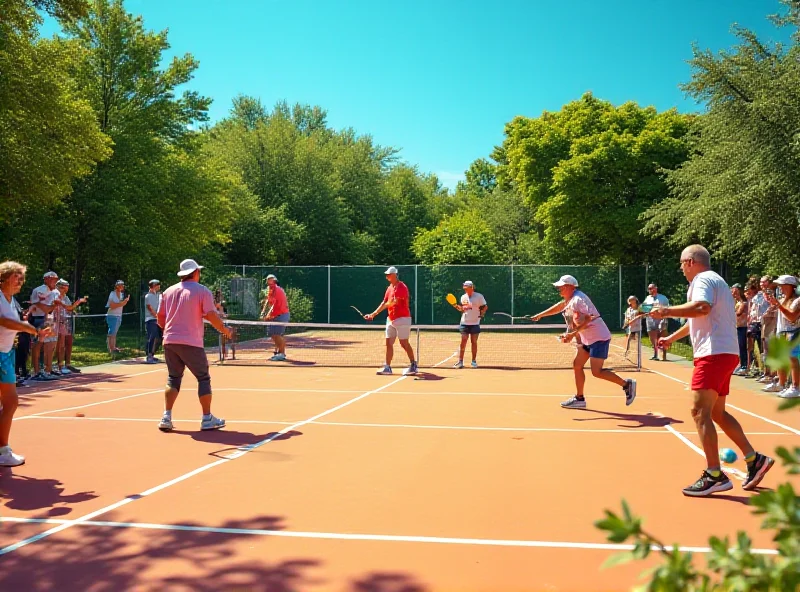 A diverse group of people playing pickleball on a sunny outdoor court, with spectators watching and cheering.