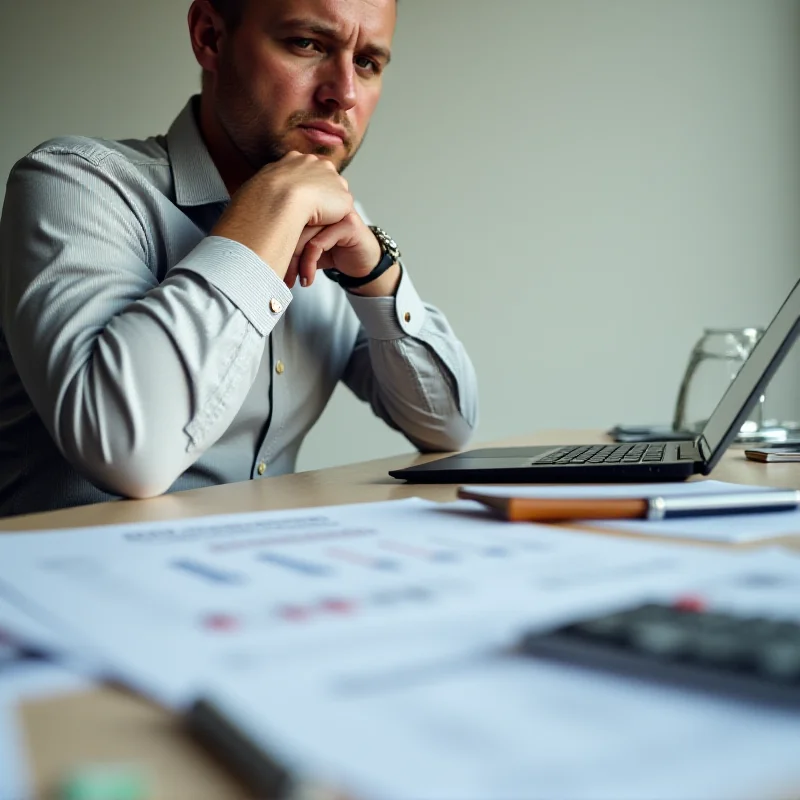 A person thoughtfully reviewing financial documents and a laptop, with a calculator and pen nearby, symbolizing retirement planning.