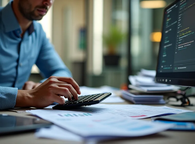 A person sitting at a desk reviewing financial documents and using a calculator, suggesting careful financial planning.