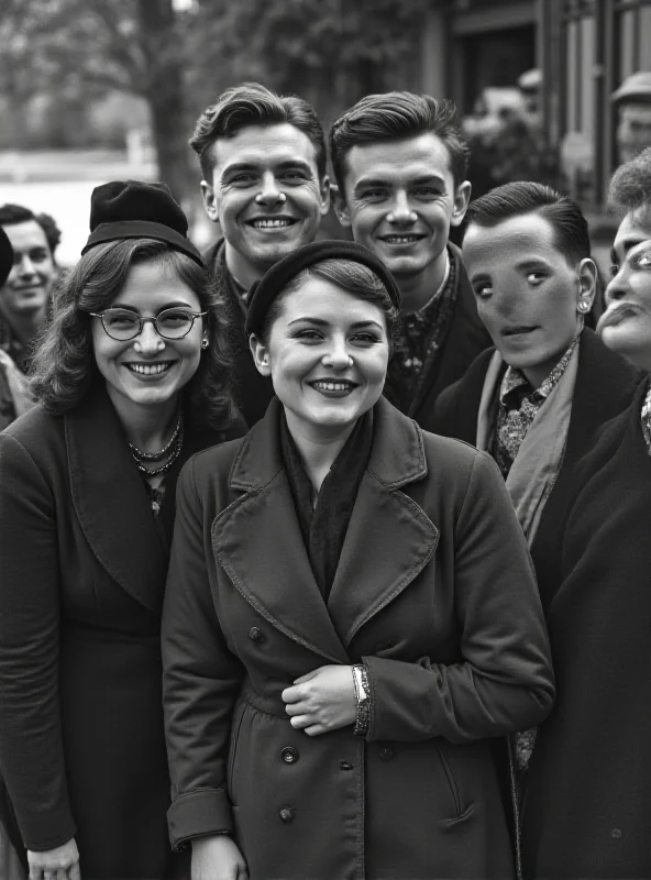 A black and white photograph depicting a group of young people in 1930s Czechoslovakia, dressed in fashionable clothing and smiling. They are gathered in a cafe or public space.