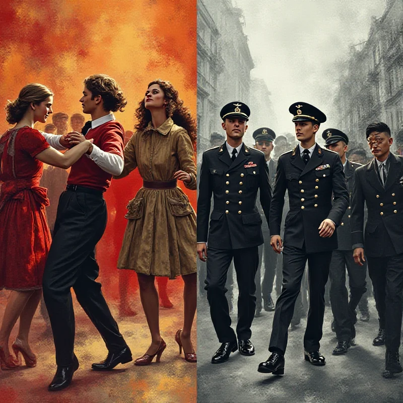 A split image contrasting the vibrant life of interwar Czechoslovakia's youth with a somber depiction of Nazi occupation.