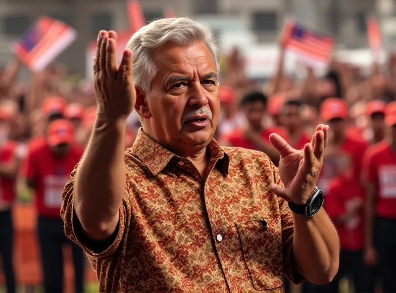 Nazri Aziz speaking at a political rally in Malaysia, gesturing with his hand, with a crowd of supporters behind him waving Malaysian flags.