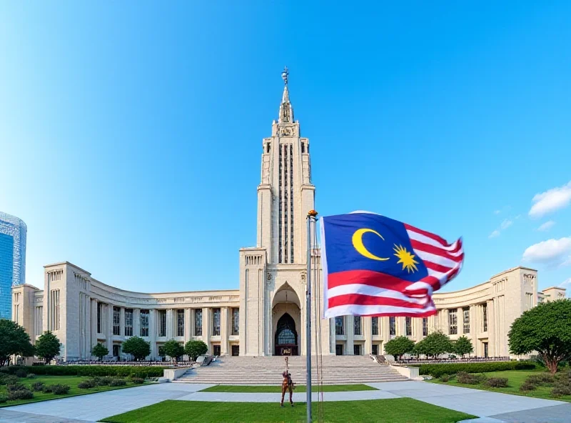 A panoramic view of the Malaysian Parliament building in Kuala Lumpur, with the Malaysian flag waving prominently in the foreground under a clear blue sky.