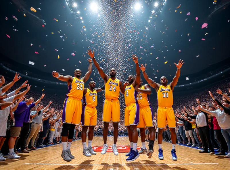 Image of Lakers players celebrating a victory on the court.