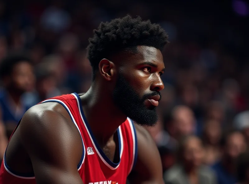 Joel Embiid looking disappointed on the bench during a game.