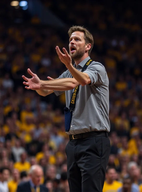 Steve Kerr coaching the Golden State Warriors during a game. He is gesturing and speaking with intensity.