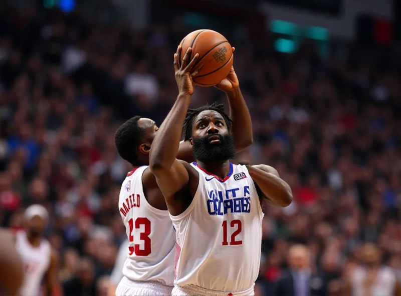 James Harden shooting a basketball during a game, focused and determined.