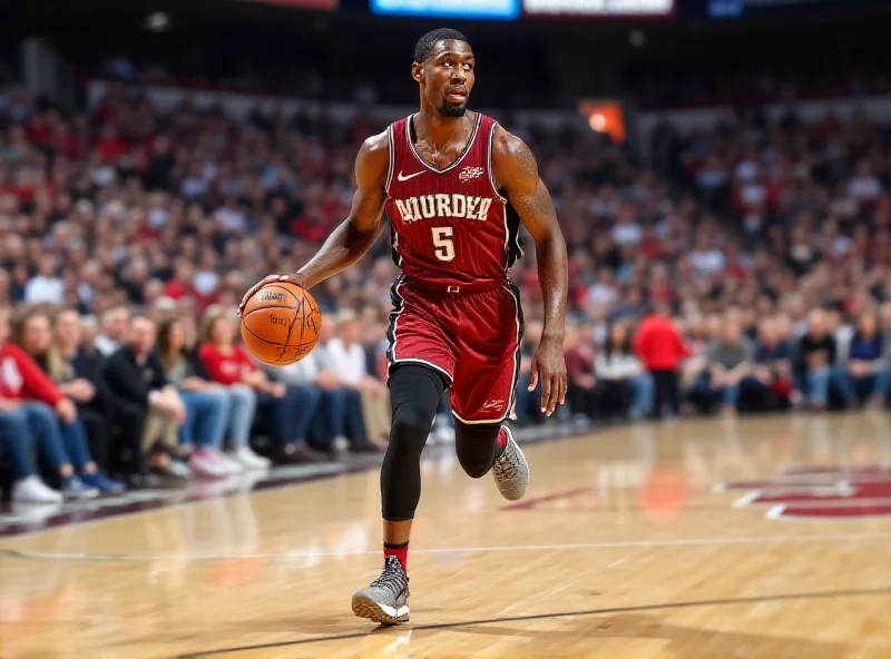 A basketball player dribbling down the court during a game, with a blurred crowd in the background.