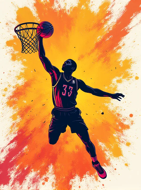 Illustration of a basketball player making a slam dunk, stylized with bright colors and dynamic movement.