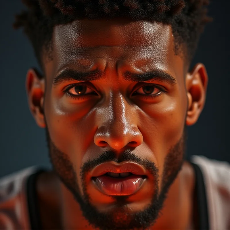 Close-up of a basketball player's face during a game, showing intense focus and determination.