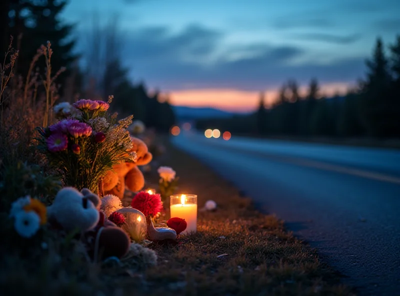 Mourners gathered at roadside memorial with flowers and teddy bears at dusk