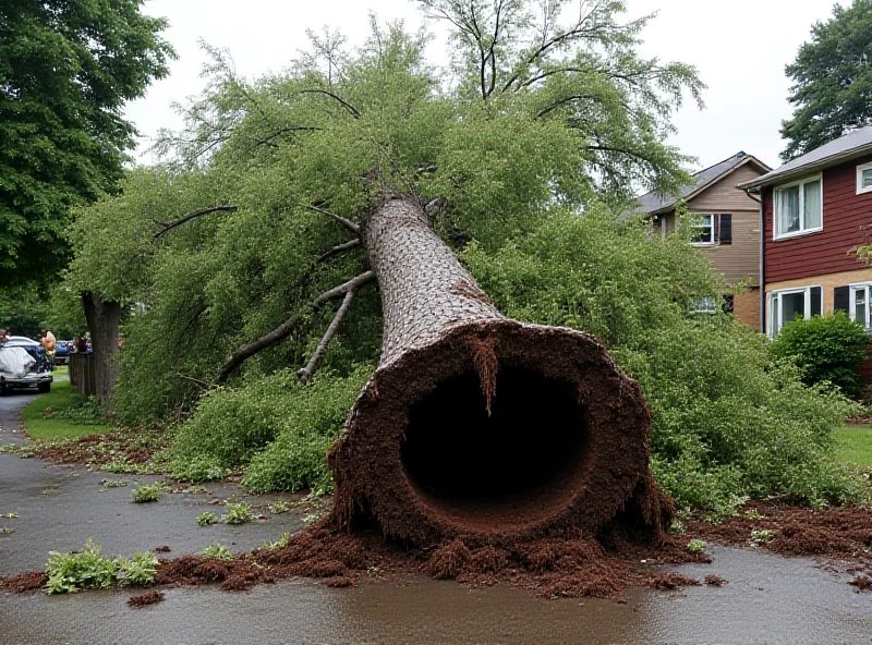 Large fallen tree blocking a street in a residential area. People are standing around looking shocked.