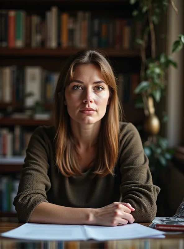 Stephanie Land sitting at a desk, looking thoughtful, with a bookshelf behind her.