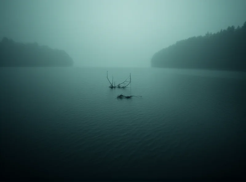 A murky photo of Loch Ness with a dark, indistinct shape in the water, possibly a creature.