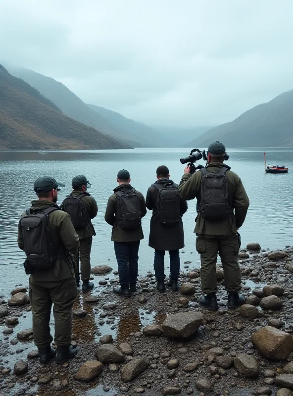 A group of people with scientific equipment searching the shores of Loch Ness for the monster.