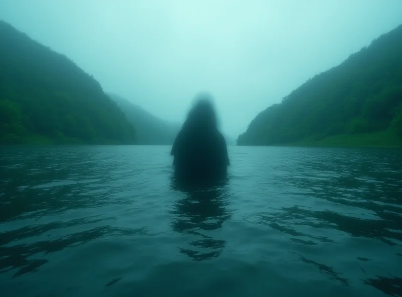 A dark, indistinct shape lurking just below the surface of a dark lake, surrounded by misty hills.