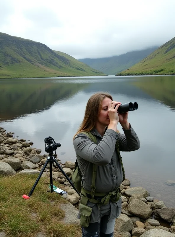 A person standing on the shore of Loch Ness, holding binoculars and looking intently at the water, with a map and various monitoring equipment nearby.