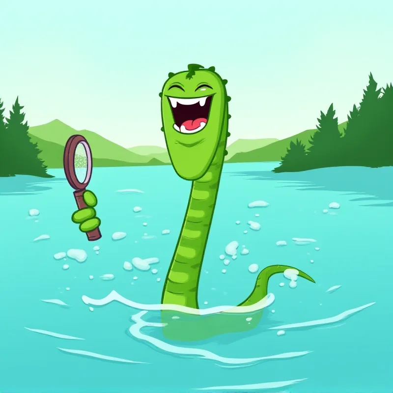 A cartoon illustration of the Loch Ness Monster with a friendly expression, emerging from the water with a magnifying glass in its hand, as if searching for something.