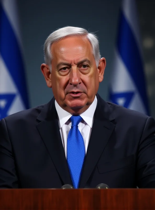 Benjamin Netanyahu speaking at a podium with the Israeli flag behind him.