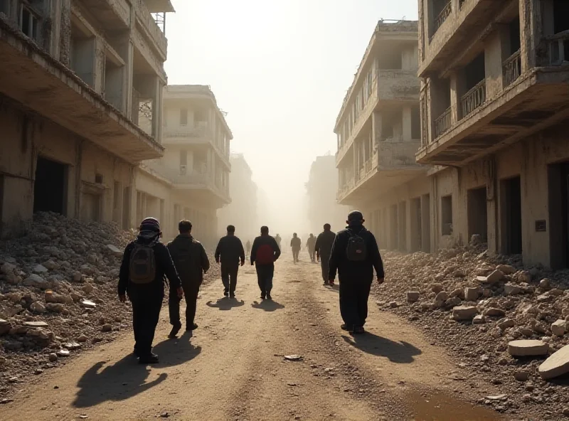 A crowded street scene in Gaza, showing damaged buildings and people walking.