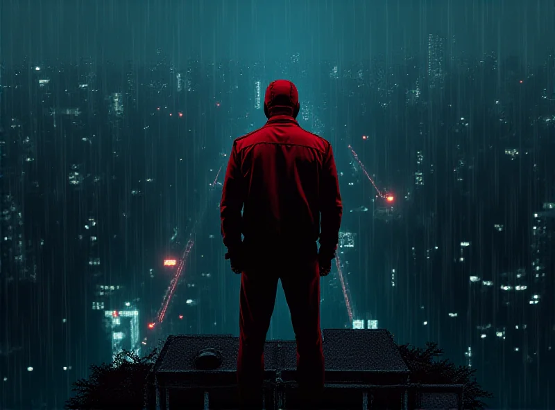 Daredevil in his iconic red suit standing on a rooftop overlooking a dark city at night.