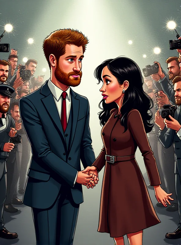 A cartoon depiction of Prince Harry and Meghan Markle looking stressed and overwhelmed by paparazzi and media attention.