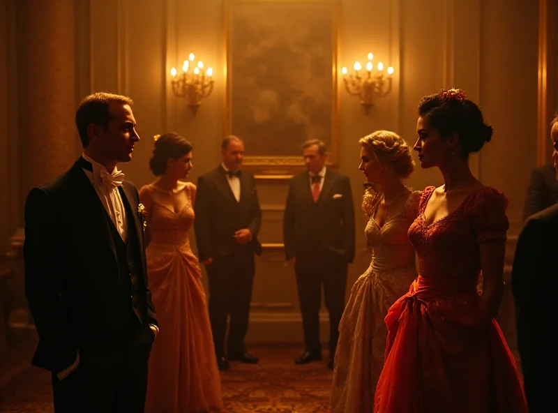 A glamorous scene from 'The Leopard' on Netflix, showcasing opulent costumes and a grand ballroom.