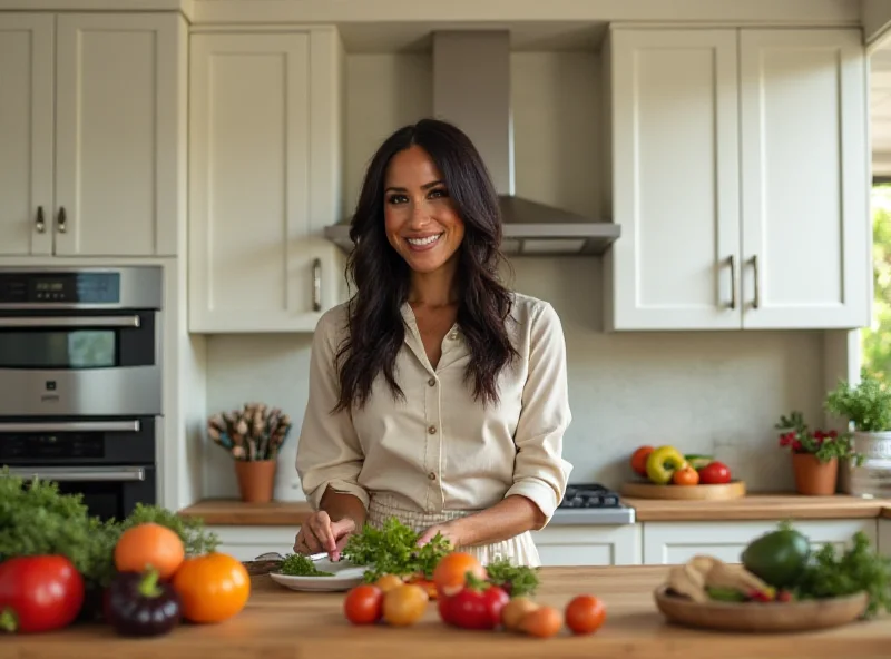 Meghan Markle preparing food in a modern kitchen.