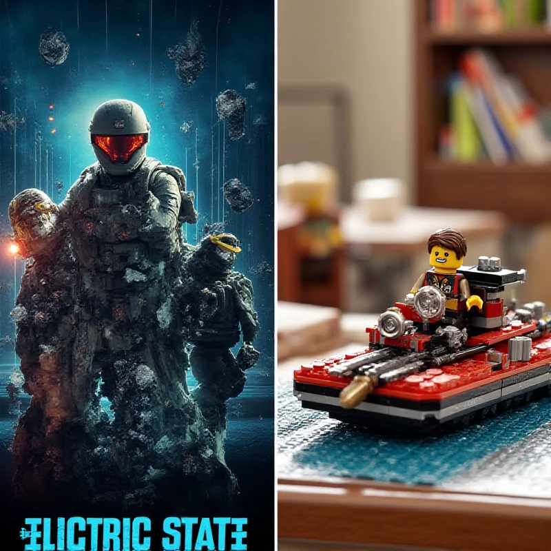 A split image showcasing the movie poster for Electric State on one side and the Lego Ideas River Steamboat on the other side.