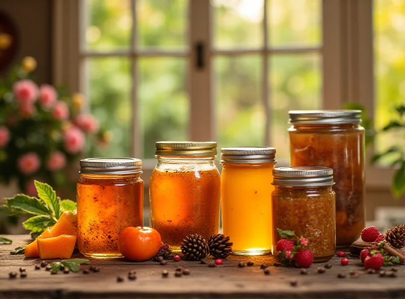 Elegant display of gourmet food products, including honey, jams, and teas, arranged on a rustic wooden table with soft, natural light.