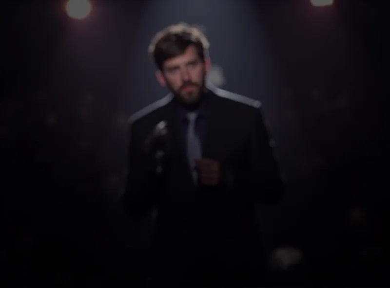 John Mulaney performing stand-up comedy on stage in front of a microphone, bathed in stage lights. He is wearing a suit and tie and has a microphone in his hand.