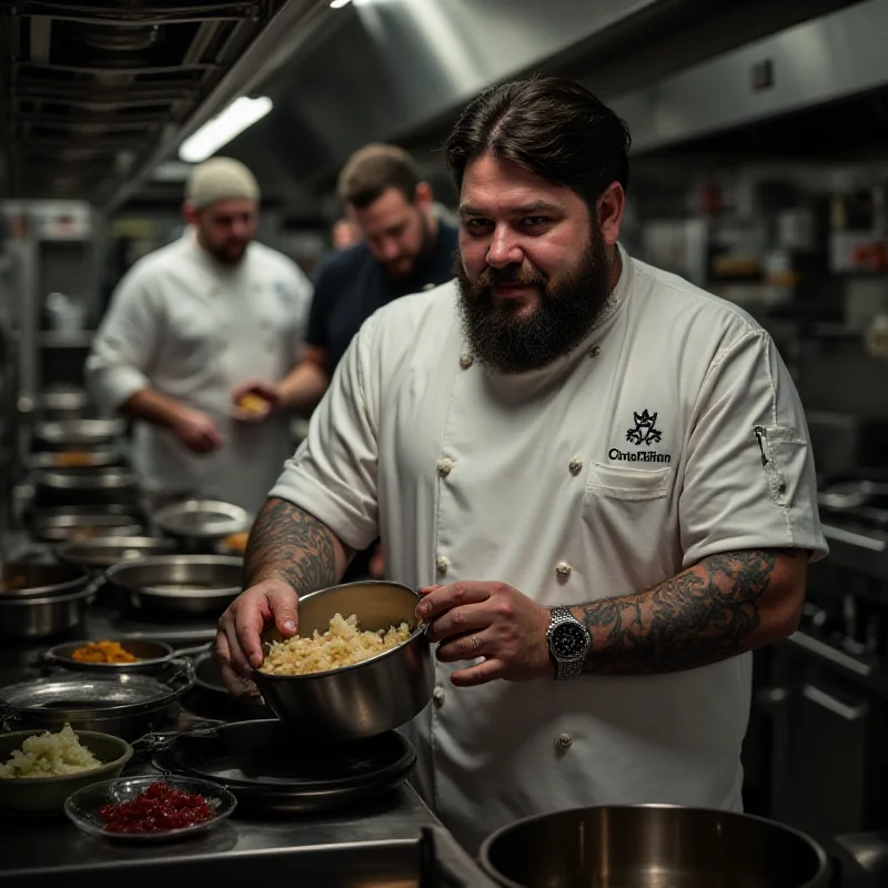 Roy Choi in a professional kitchen, looking focused and passionate while cooking. He is wearing a chef's coat and has tattoos visible on his arms. The kitchen is bustling with activity in the background.