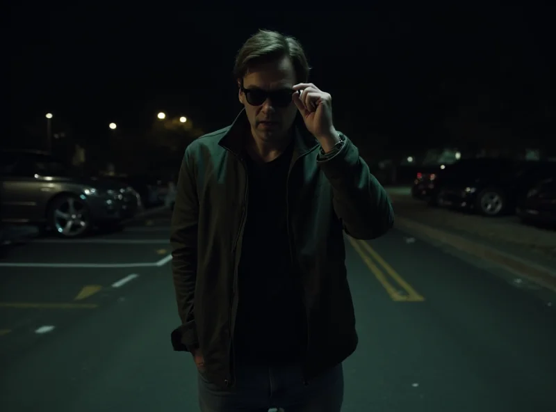 John Mulaney in a darkened parking lot wearing sunglasses.