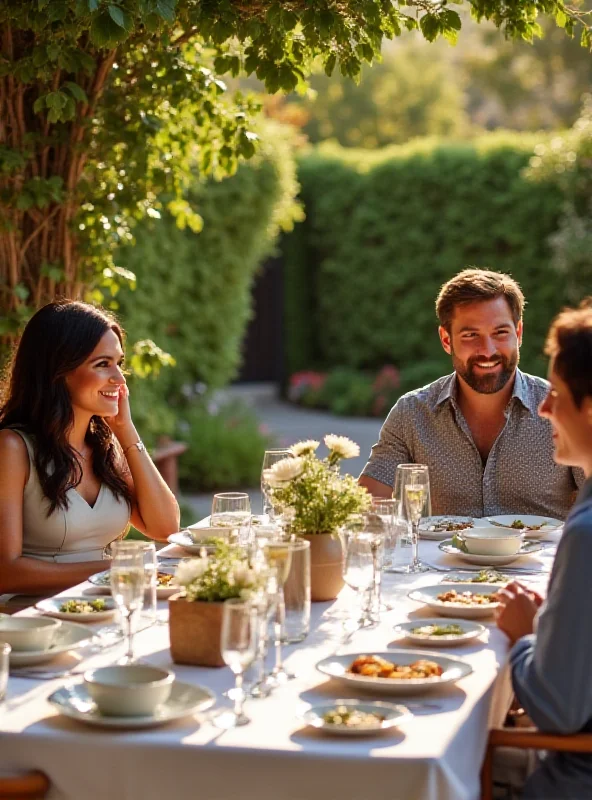 Meghan Markle smiling with Mindy Kaling and Roy Choi at a lunch.