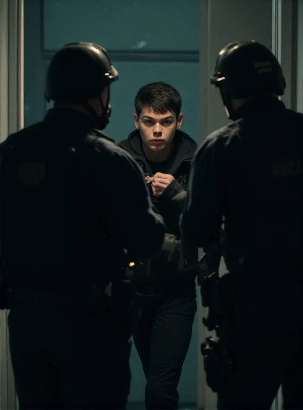 A tense scene from the Netflix drama Adolescence, featuring police officers apprehending a teenage boy.