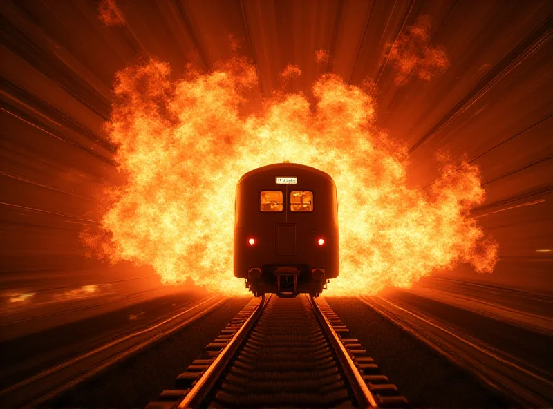 A still from the Bullet Train Explosion trailer, showing a high-speed train on fire.