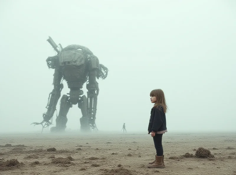 Scene from The Electric State trailer, depicting a dystopian landscape with futuristic technology.