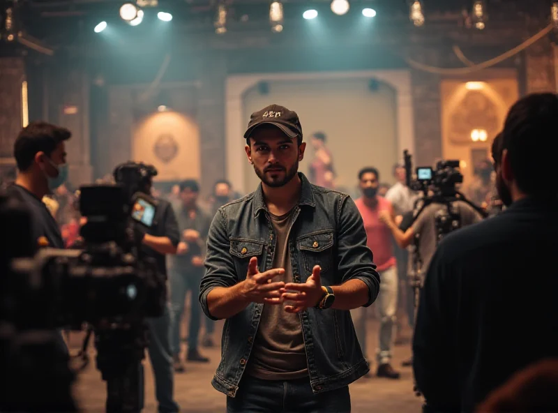 Aryan Khan directing a scene on set, surrounded by film crew in a busy Bollywood studio, with bright lights and cameras.