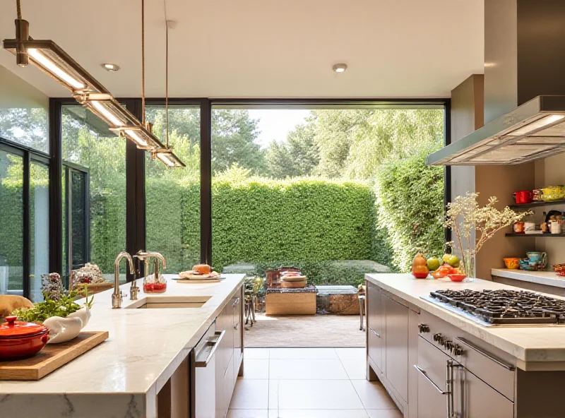 A beautifully styled kitchen in a modern California home, featuring stainless steel appliances, marble countertops, and a collection of colorful Le Creuset cookware displayed on open shelves.