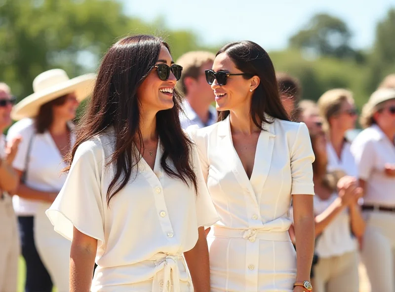 Meghan Markle laughing and talking with Delfina Blaquier at a polo match, both dressed in stylish summer outfits, with a crowd of onlookers in the background.