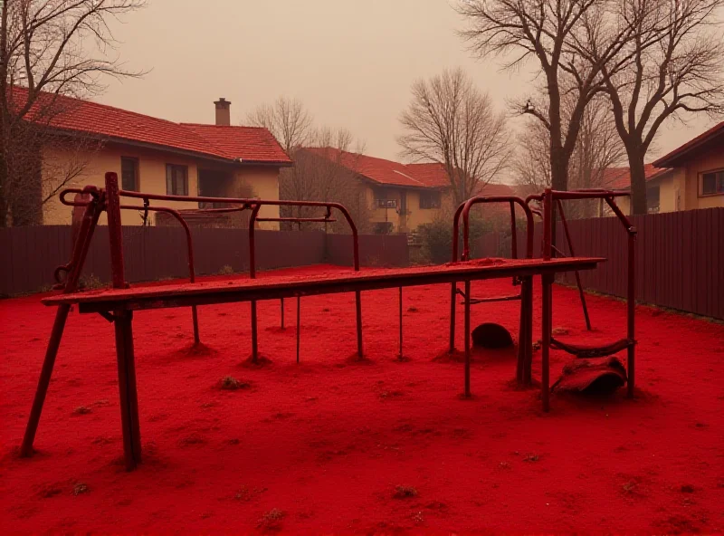 A somber scene depicting the red dust covering a playground in Corby, England during the 1980s.