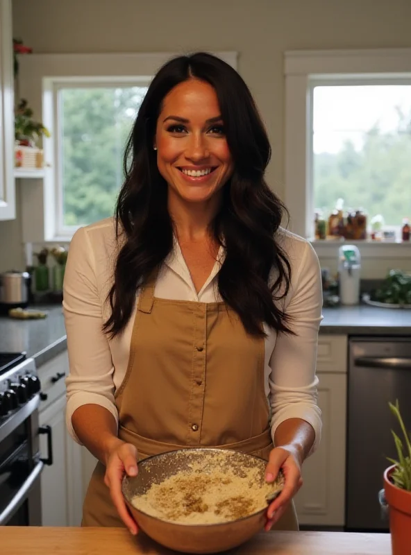 Meghan Markle smiling in a kitchen setting, holding a mixing bowl