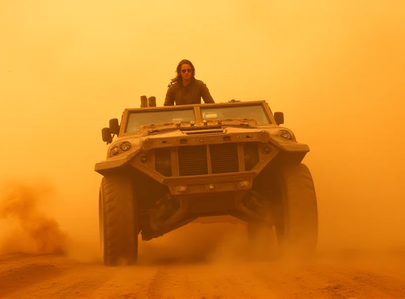 A dramatic scene from Mad Max: Fury Road with Furiosa driving a war rig through a sandstorm.