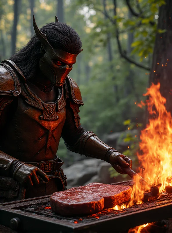 A hunter in Monster Hunter Wilds expertly grilling a steak over an open fire.