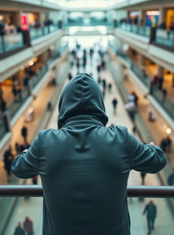 A man in a grey hoodie leans over a railing in a shopping mall, looking down.